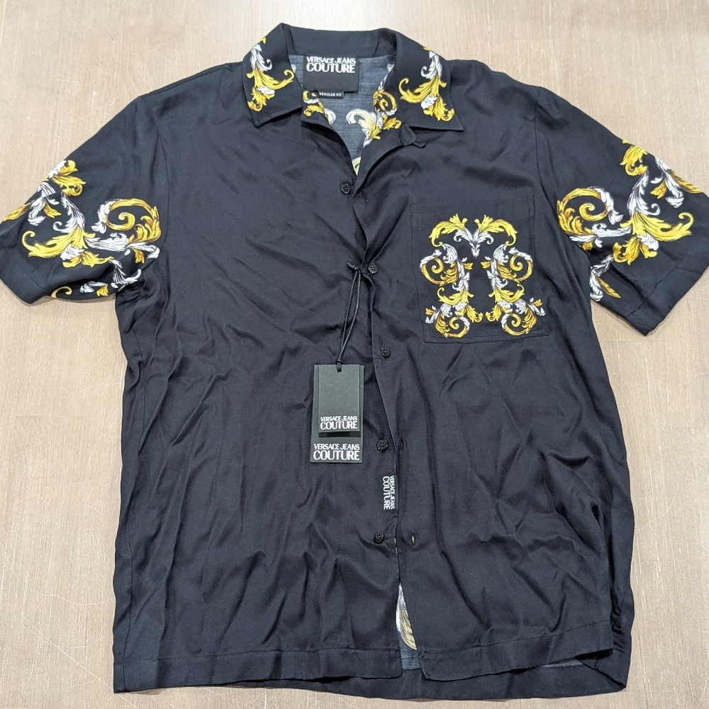 $550 Mens Versace Jeans Couture Barocco Button Up Shirt Black/Gold 46 US Small